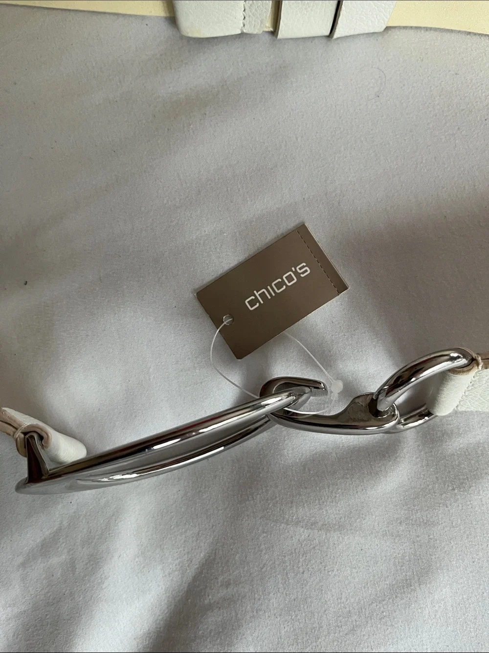 Chicos NWT Chloe 2size High Hip belt white silver oval buckle and hook